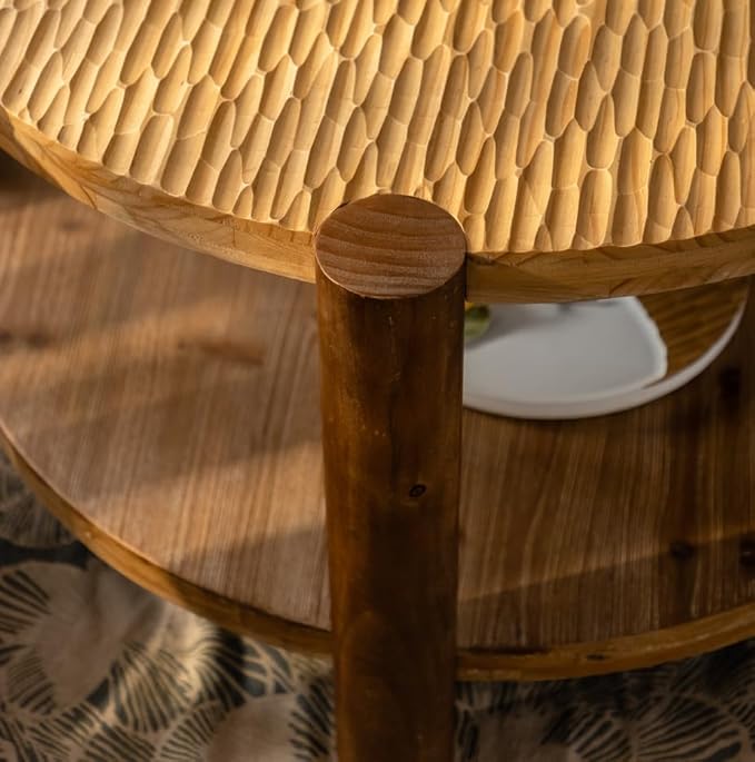 kevinplus 34.65'' Round Coffee Table 2-Tier for Living Room, Modern Mid-Century Circle Carved Handcrafted Solid Wood Coffee Table, Easy Assembly, Natural