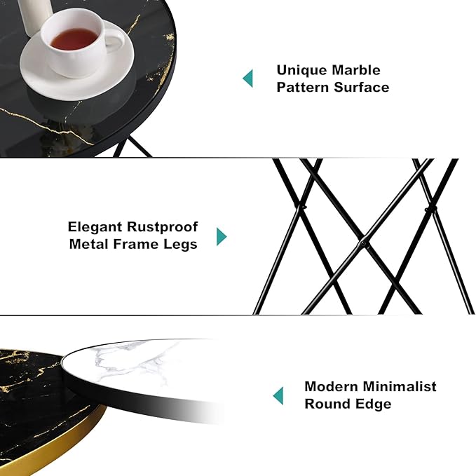 HLR Modern Round Side Table, End Table with Marble Effect Top and Gold Metal Frame, Small Side Table for Living Room, Bedroom, Sofa and Couch, Black Legs, Black Marble top