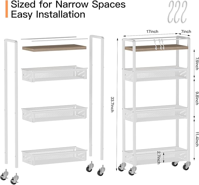 DGSNADGO Slim Rolling Storage Cart, 4-Tier Kitchen Cart on Wheels, Narrow Utility Cart with Handle and Wooden Tabletop for Small Space in Kitchen, Living Room, Bathroom, Laundry Room, Beige and White