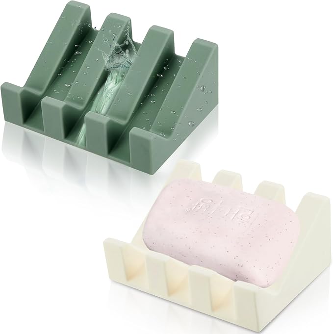 Cunhill 2 Pieces Silicone Soap Dish Self Draining Soap Dish Shower Waterfall Bar Soap Holder Tray with Drain Soap Saver for Kitchen Bathroom Accessories (Light Green,Bright White)-NeatNest