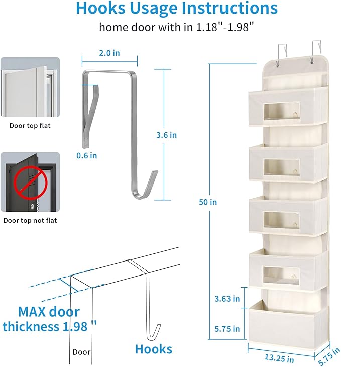5-Shelf Over The Door Hanging Organizer with 2 Metal Hooks,5 Pocket Over The Door Wall Mount Storage with Clear Windows for Baby Nursery Bathroom Closet,Bedroom,Dorm(Beige-2 Pack)-NeatNest