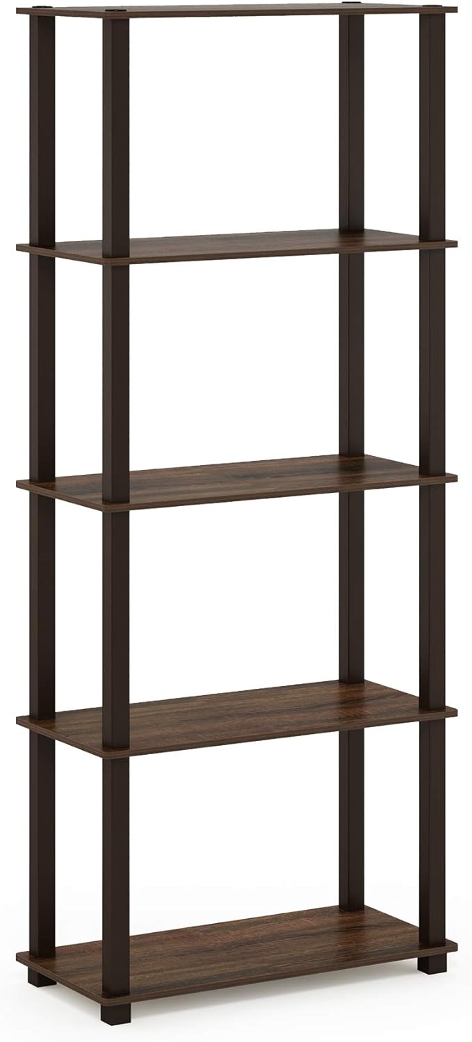 Furinno Turn-N-Tube 5-Tier Multipurpose Shelf / Display Rack / Storage Shelf / Bookshelf, Square Tubes, Walnut/Brown-NeatNest