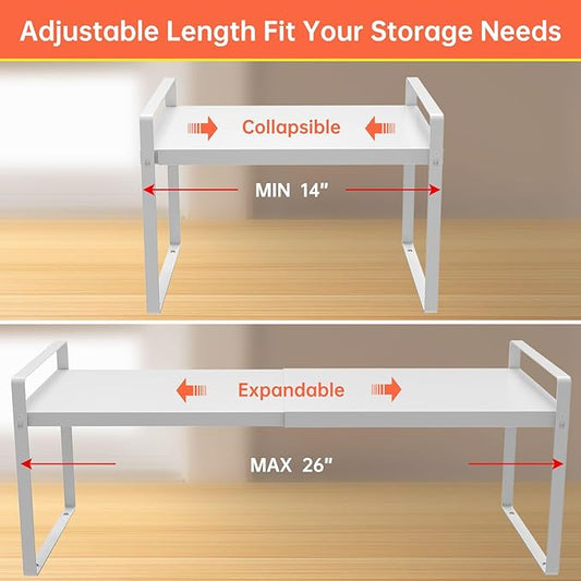 Cabinet Shelves Organizer for Kitchen 11", Expandable Shelf with Adjustable Length, Metal Countertop Organizer, Fits Pantry, Over the Sink, Spices, Microwave & Dishes Storage, White (2 Pack)-NeatNest