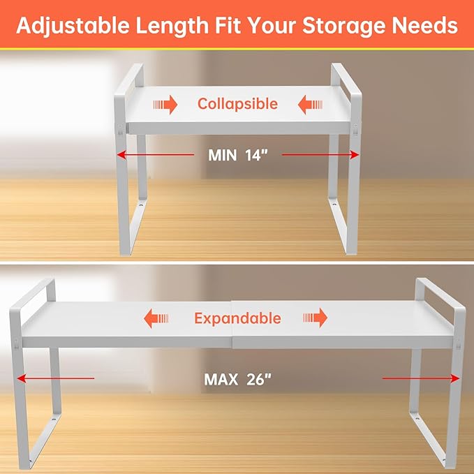 Adjustable Kitchen Shelf Organizer 9", (2 Pack) Heavy-Duty Cabinet Shelves for Countertop, Pantry & Microwave, Expandable Space-Saving Storage Rack with Non-Slip Pads, White-NeatNest