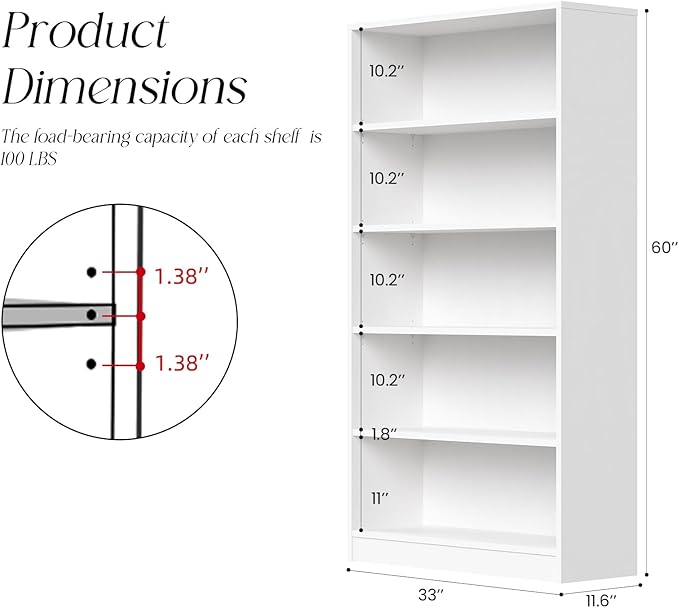 Farini 60 Inch Tall 5-Shelf Bookcase, Wood Bookshelf Storage Organizer Adjustable Shelf for Home Office, Study Room, Easy Assembly,White