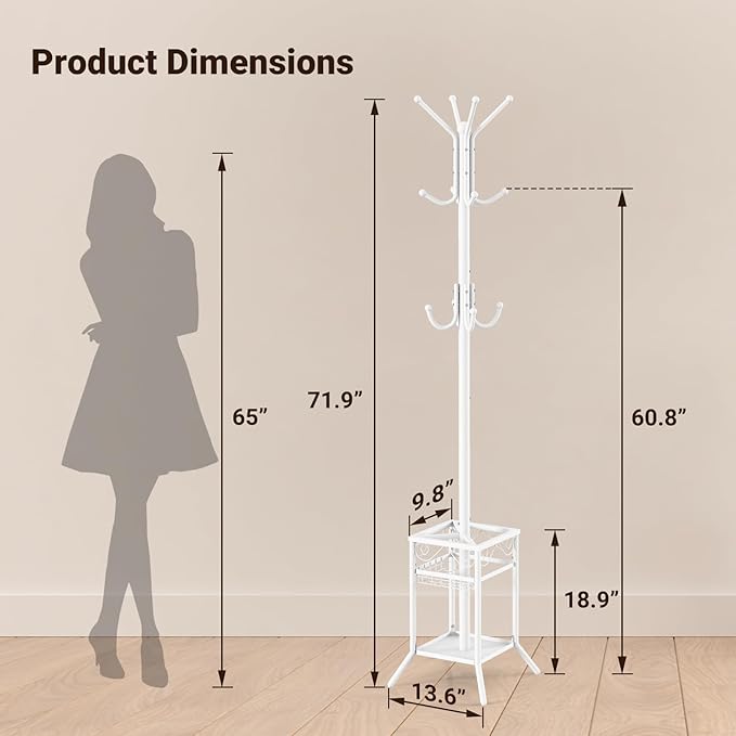 ELYKEN Coat Rack Freestanding with Umbrella Holder, Coat Tree with 12 Hooks, Coat Hanger Stand for Entryway, Metal Coat Rack Hat Rack Stand for Living Room Bedroom Office, White-NeatNest