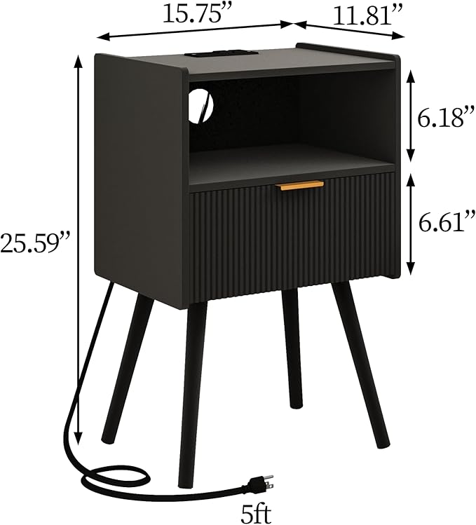 Black Nightstand with Outlet,Modern Bedside Table with Storage Drawer and Open Wood Shelf, for Living Room, Bedroom and Small Spaces, Accent Night Stand with Solid Wood Legs, Easy Assembly-NeatNest