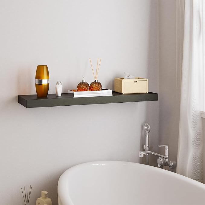 BATODA Set of 2 24" Acacia Floating Shelves Wall Mounted for Bathroom – Rustic Farmhouse Wooden Wall Storage Shelf Bedroom, Kitchen, Home Décor - Brackets and Shelving Mounting (Black, 24 Inch)-NeatNest