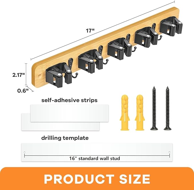 IMILLET Broom Holder Wall Mount, Bamboo Broom Hanger with 5 Racks 4 Hooks, Mop and Broom Holder Wall Mount Self Adhesive, Home Organization and Storage for Laundry Room, Closet, Utility Room (1 Pack)-NeatNest
