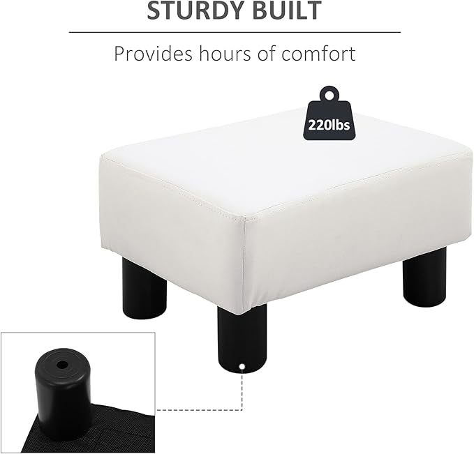 HOMCOM Ottoman Foot Rest, Small Foot Stool with Faux Leather Upholstery, Rectangular Ottoman Footrest with Padded Foam Seat and Plastic Legs, Bright White