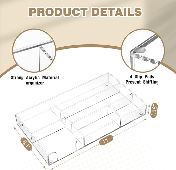 Acrylic Clear Desk Drawer Organizer 6 Section 11 x 6.1 x 1.38 Inch Storage Tray Organizer for Pens, Stationery, Desktop, Office, Bathroom, Kitchen, Makeup Supplies