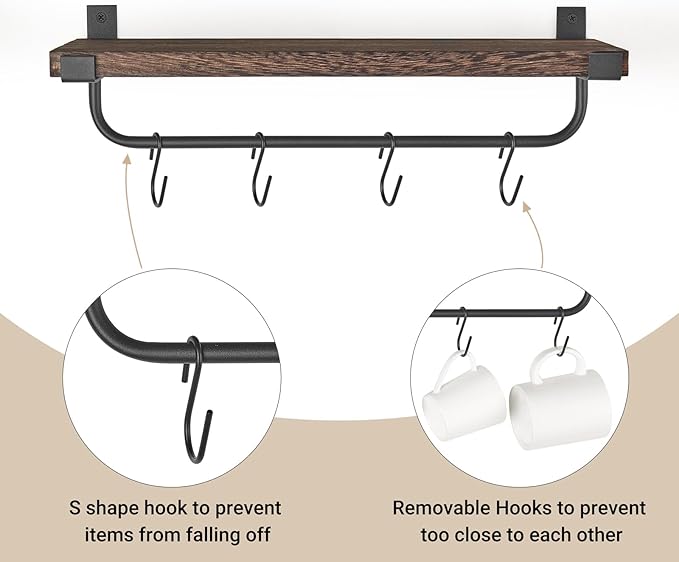 Mkono Mug Holder Wall Mounted Coffee Mug Rack Set of 2 Rustic Floating Shelf for Coffee Bar Accessories Wood Tea Cup Hooks Hanger for Organizing Cooking Utensils, Home Kitchen Decor, Brown