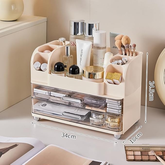 Makeup Organizer with 2 Drawers, Cosmetic Display Case, Storage Holder for Vanity, Bathroom Counter, Desk, Beauty Supplies (Cream)