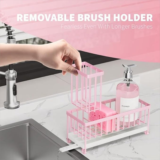 Cisily Pink Sponge Holder for Kitchen Sink, Sink Caddy Organizer with High Brush Holder, Countertop Organizers and Storage Essentials, Rustproof 304 Stainless Steel, Pink kitchen Accessories and Decor-NeatNest