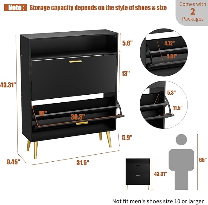 JOZZBY Shoe Cabinet for Entryway, Narrow Shoe Storage Cabinet with 2 Flip Drawers, Freestanding Hidden Shoe Rack Storage with Open Shelves for Hallway, Living Room, Set of 2, Black-NeatNest