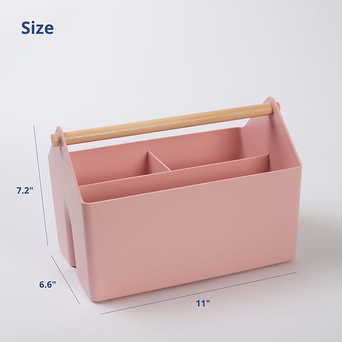 BLUE GINKGO Medium Storage Basket – Plastic Caddy with Wooden Handle for Office, Arts & Crafts, or Home Supplies (Pink)-NeatNest