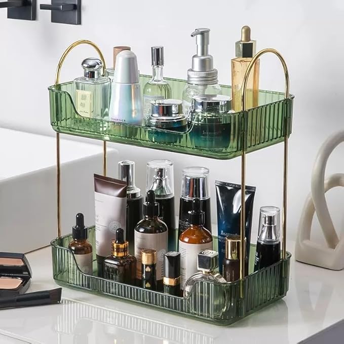 Bathroom Organizer Countertop, Vanity Trays for Bathroom, Skincare Makeup Shelf, Organizer, Counter Shelf Cosmetics, Toiletries, Lotions, Perfumes (2 Tiers, Green)-NeatNest