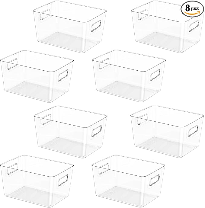 BALEINE Clear Plastic Storage Bins, Pantry Organization, BPA Free Stackable Refrigerator Organizers and Storage with Handles for Kitchen Fridge Cabinet Bathroom (8PK, 9.5x5.5x4.5)-NeatNest