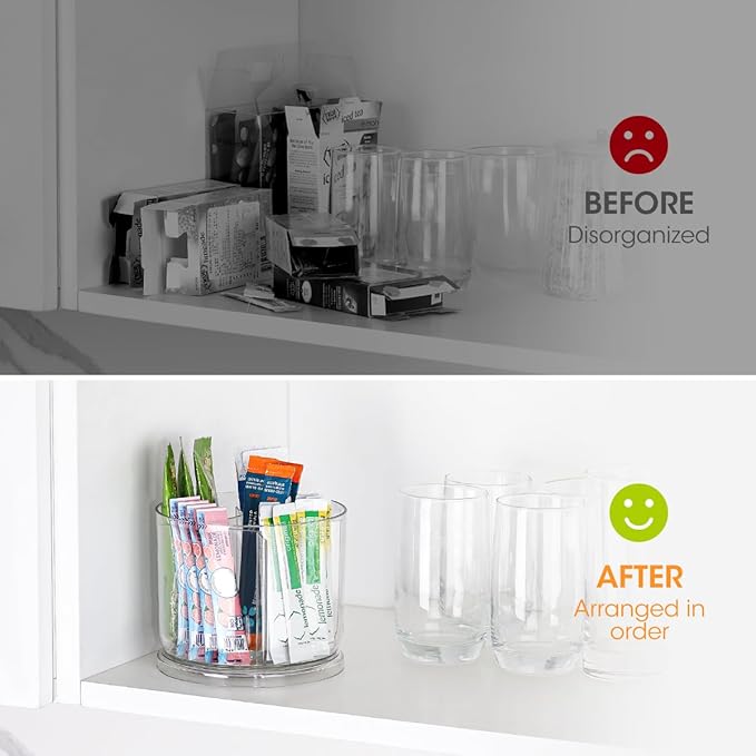 AIEVE Drink Packet Organizer, 360° Rotating Lazy Susan Turntable Powdered Drink Mix Holder, Acrylic Water Packet Container for Pantry Organizer Kitchen Storage Organization (Round)