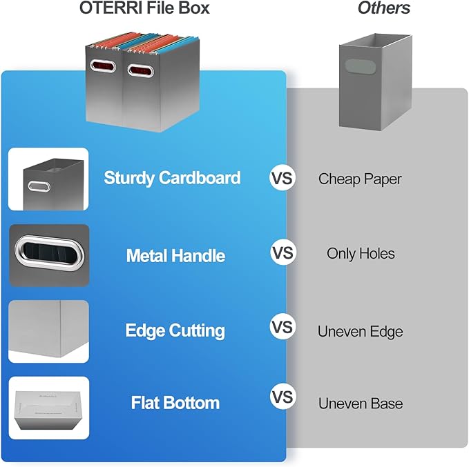 Oterri File Organizer, 2 Packs Small Storage Box, Cardboard File Folder Organizer, Collapsible File Box for Hanging File Folders Letter Size, Filing Organizer with Handle (Gradient Light gray)