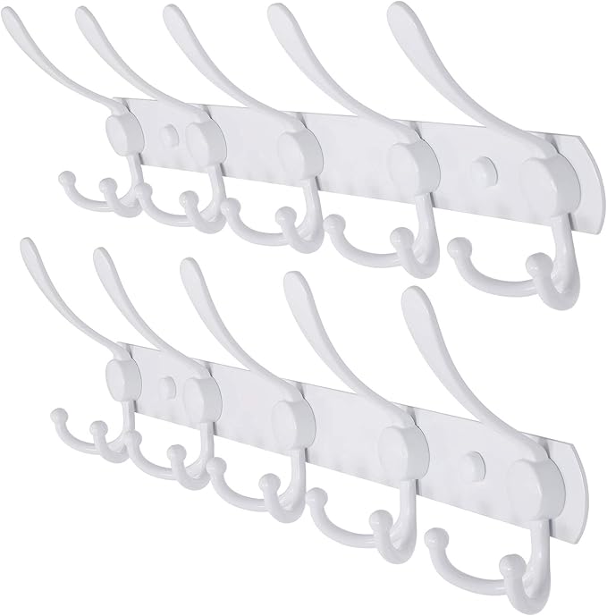 Dseap Wall Mounted Coat Rack - 5 Tri Hooks, Heavy Duty, Stainless Steel, Metal Coat Hook Rail for Coat Hat Towel Purse Robes Mudroom Bathroom Entryway (White, 2 Packs)-NeatNest