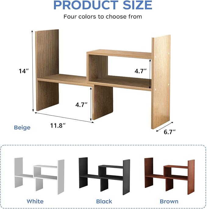 Desk Organizer Shelf Wooden Desktop Bookshelf Adjustable Desktop Organizer Shelves Small Book Shelf for Office Desk Supplies Home Storage Natural Stand Decor (Beige, Style2)-NeatNest