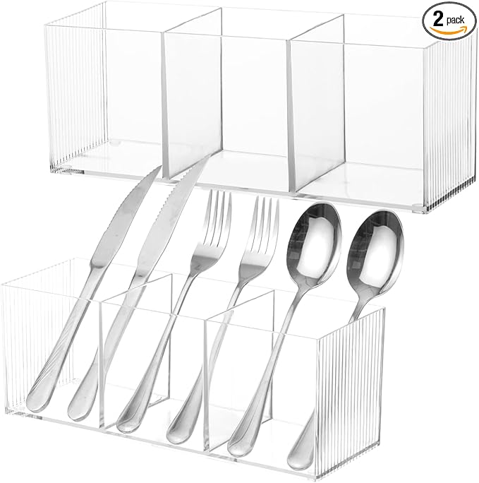 2 Pack Cutlery Storage Organizer, Silverware Caddy with 3 Cavities Clear Silverware Holder Knife Fork and Spoon Organizer Tableware Box for Kitchen Countertop Dining Room Home Office Desk Party Table