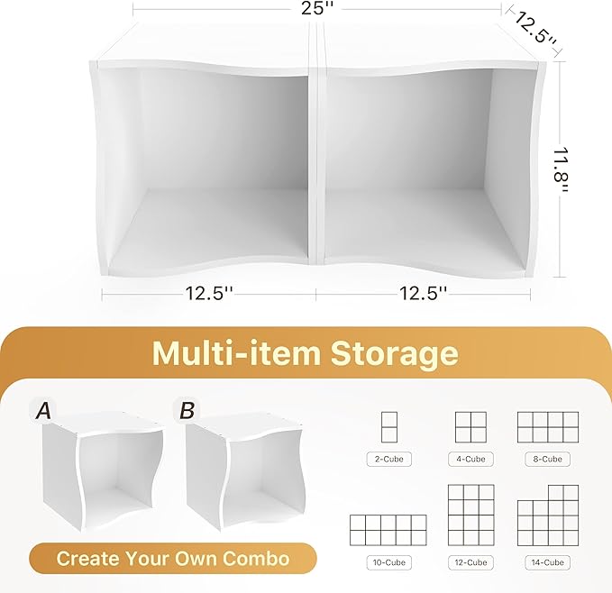 4 Cube Storage Organizer Shelf, Stackable Wooden Bookshelf, Modular Bookcase for Bedroom, Living Room, Office, Study (White)