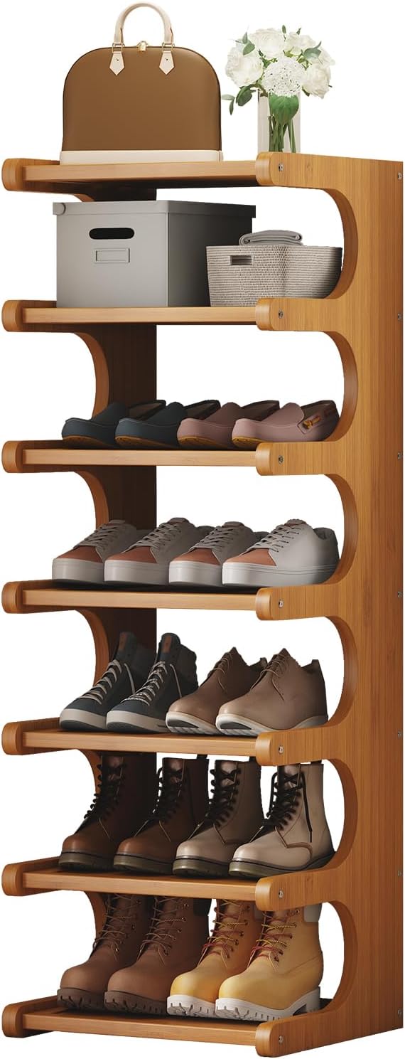 7-Tier Vertical Shoe Rack, Bamboo Free Standing Shoe Rack Shelf, Shoe Storage Stand, Entryway Shoe Tower, Vertical Shoe Organizer for Narrow Closet, Entryway, Hallway, Rustic Brown (16")-NeatNest