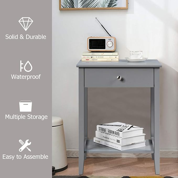 Giantex Nightstand Wooden 2-Tier Couch Sofa Side Table with Drawer, Storage Shelf, Solid Wood Legs,Mufti-Functional Home Furniture for Living Room Bedroom Study Room End Table (2, Gray)