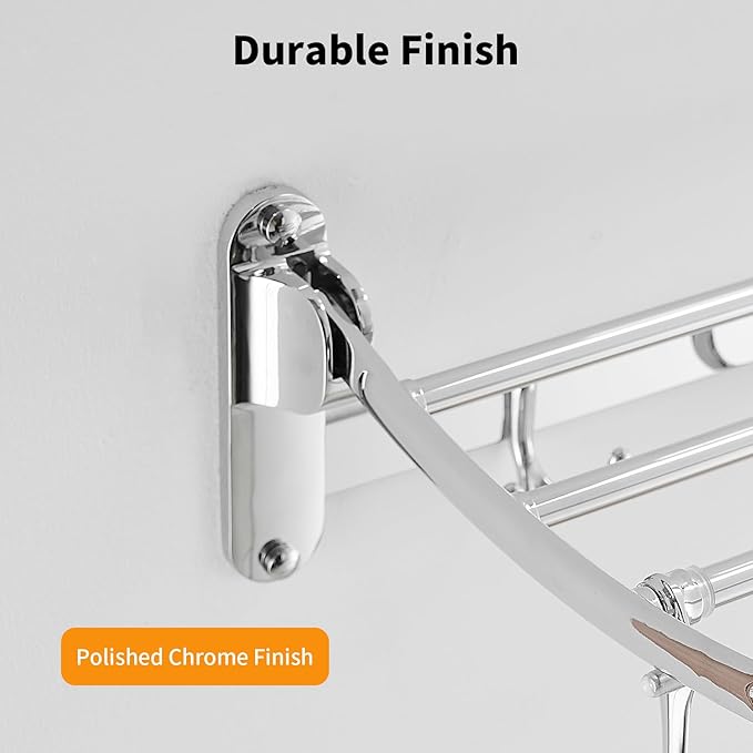 BESy 24 Inch Polished Chrome Towel Racks, Bathroom Towel Shelf with Foldable Towel Bar Holder and Towel Hooks, Wall Mounted Multifunctional Bathroom Accessories, Double Towel Bars-NeatNest