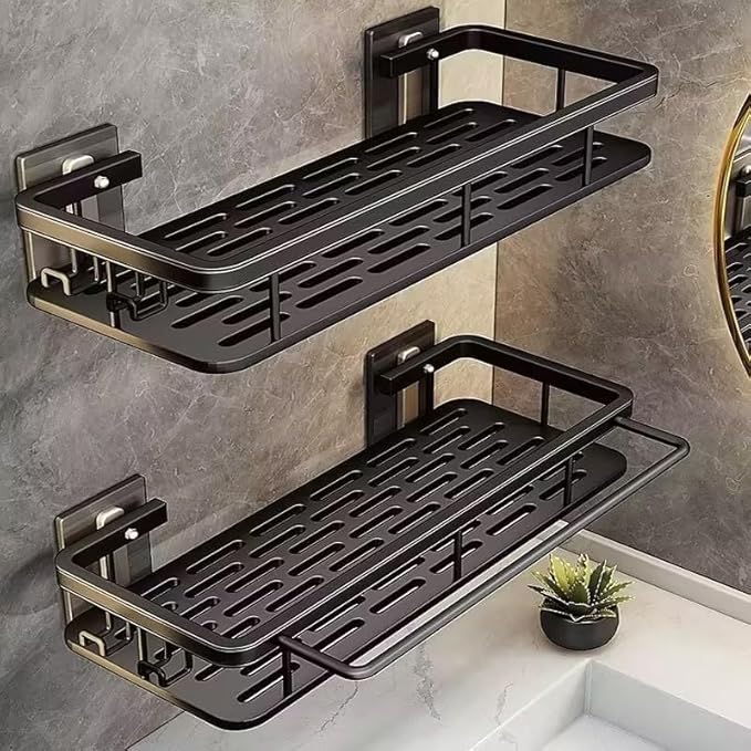 EVALAND Aluminum Shower Caddy, Adhesive Shower Shelves, 2-Pack with Hooks and Rod for Towels, No Drill Wall Mount Rustproof Premium Organizer for Bathroom, Kitchen, Black