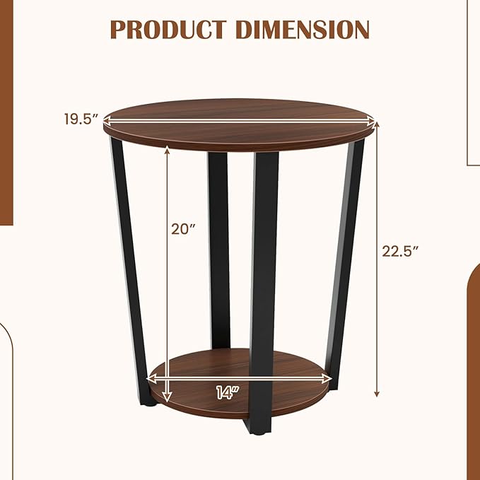 Giantex Round End Table Set of 2, 2-Tier Side Sofa Table with Open Storage Shelf and Metal Frame, Industrial Nightstand Bedside Table for Living Room, Bedroom, Small Space, Accent Furniture, Walnut