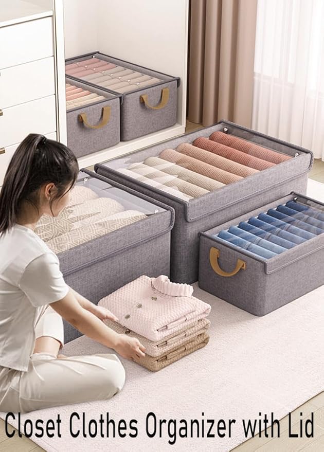 AARAINBOW Closet Clothes Organizer Bins 4 Pc, Fabric Box Storage Shelf Bins Stackable, Foldable Closet Shelf Storage Container with Lid, Fabric Storage Bin with Steel Frame, 23L (4 Gray with Lid)-NeatNest