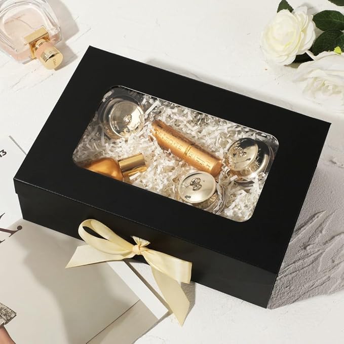 Black Gift Box for Presents with Ribbon 10.8x7.5x3.5 Inches Clear Gift Box with Window Magnetic Closure Gift Boxes with Lids-NeatNest
