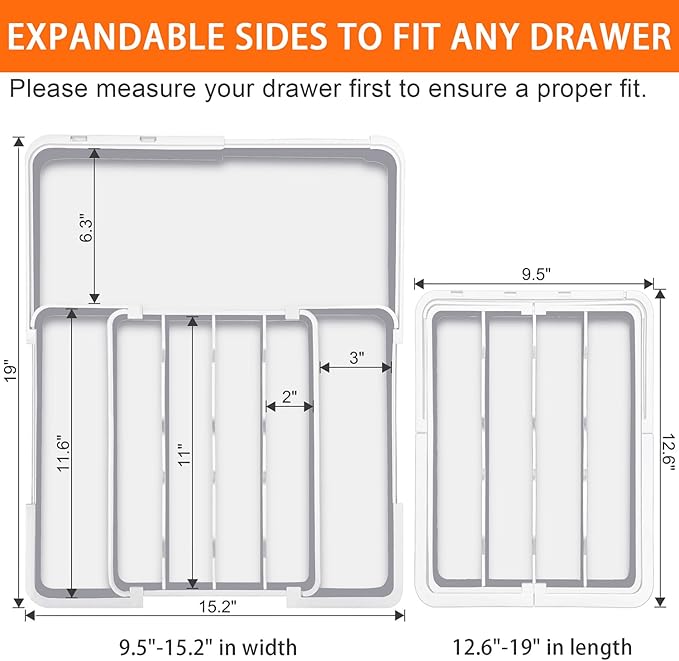 Adjustable Kitchen Utensil Organizer Plastic Silverware Drawer Organizer, Expandable Cutlery Drawer Organizer BPA Free Flatware Tray for Spoons Forks Knives Organizers Divider, White-NeatNest