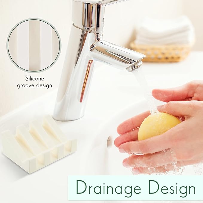 Cunhill 2 Pieces Silicone Soap Dish Self Draining Soap Dish Shower Waterfall Bar Soap Holder Tray with Drain Soap Saver for Kitchen Bathroom Accessories (Black,Cream White)-NeatNest