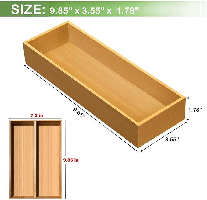Bamboo Drawer Silverware Organizer, Silverware Tray, Flatware Organizer, Bamboo Storage Box Suitable for Office, Bathroom and other objects storage (9.85"x3.55"x1.78"- Set of 2)-NeatNest