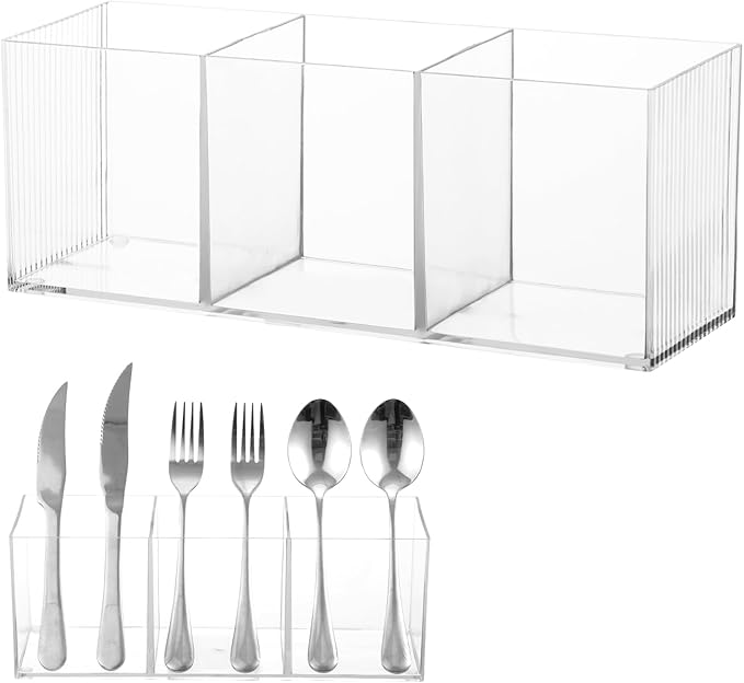 Cutlery Storage Organizer, Silverware Caddy with 3 Cavities Clear Silverware Holder Knife Fork and Spoon Organizer Tableware Storage Box for Kitchen Countertop Dining Room Home Office Desk Party Table-NeatNest