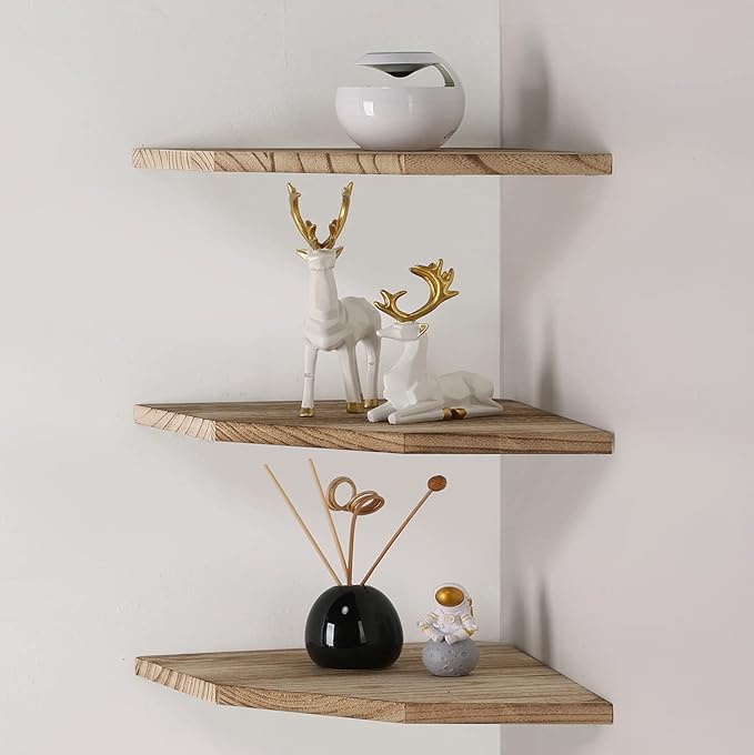 Joiishom Corner Wall Shelf Set of 3, Floating Corner Shelves, Rustic Wood Wall Storage Display Shelves for Living Room, Bedroom, Bathroom, Kitchen (Fanshaped-Carbonized)-NeatNest