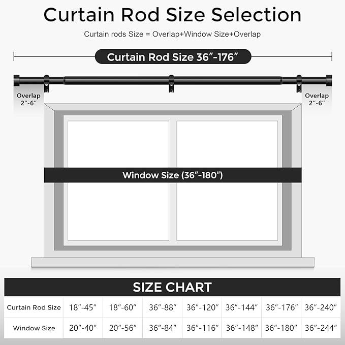 Black Curtain Rods for Windows 120 to 170 Inch(3-14 Feet),extra long drapery rod for large window,1" Diameter Rods with Modern Style End Cap Finials,Size:36-176 Inch-NeatNest