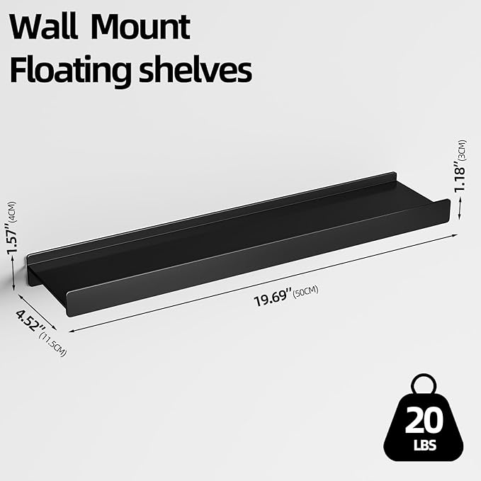 Floating Shelves for Wall, Wall Mounted Shelves with Lip for Storage, Metal Display Shelves for Home Decor, Kitchen/Living Room/Bedroom/Bathroom Shelf, Black 20 inch 1 Pack-NeatNest