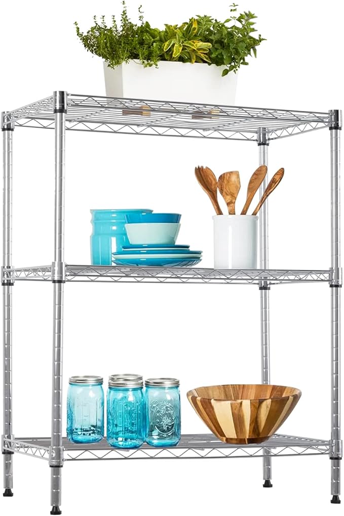BestOffice 23Lx13.2Wx30.2H Adjustable Metal Storage Shelves 3-Tier Wire Shelving Unit Organizer Wire Rack 450Lbs Capacity for Small Places Kitchen Garage,Chrome-NeatNest