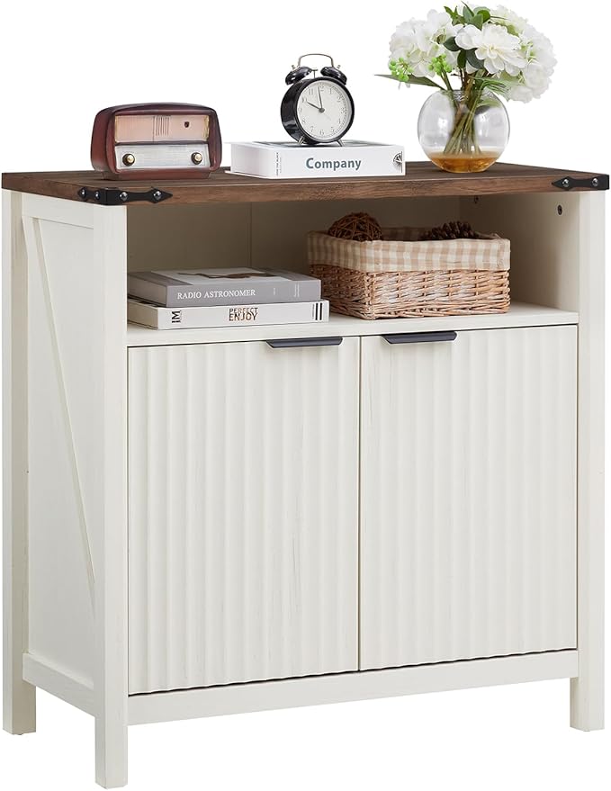 32 Inch Fluted Sideboard Buffet Cabinet with Storage, Modern Farmhouse Accent Credenza with Adjustable Shelves, Coffee Wine Bar Organizer for Kitchen, Entryway, Living Room (Antique White)