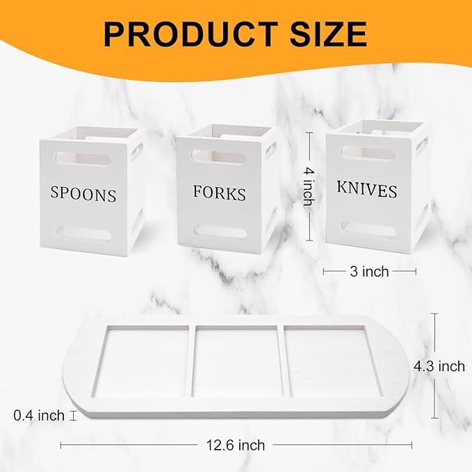Ayiaren Wooden Flatware Silverware Caddy White Cutlery Holder with Wood Tray Utensils Holder for Kitchen Counter Wood Silverware Organizer for Table Countertop Knife Fork and Spoon Holder for Party-NeatNest