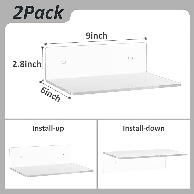 9 Inches Acrylic Wall Shelves 2 Pack, Floating Shelf for Wall Mounting, Acrylic Display Ledges for Funko Pop Figures, Home Décor, Living Room, Gaming Room, Plants(9 inch, Clear)-NeatNest
