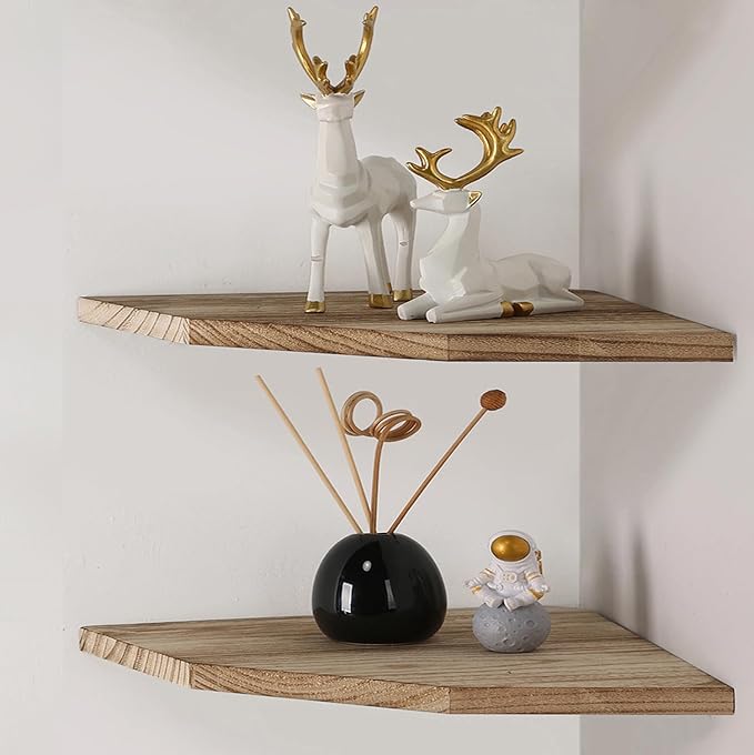 Corner Wall Shelves Set of 2, Rustic Wood Corner Floating Shelves with Cable raceway, Wall Mount Storage Display for TV Accessories, Baby Monitor, Speaker, Cable Box (Carbonized, Diamond- 10 Inch)-NeatNest