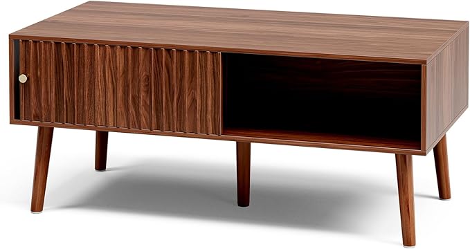Coffee Table with Storage, Mid Century Dining Table with Sliding Fluted Door and Solid Wood Legs, Small Coffee Tables for Living Room, Walnut-NeatNest
