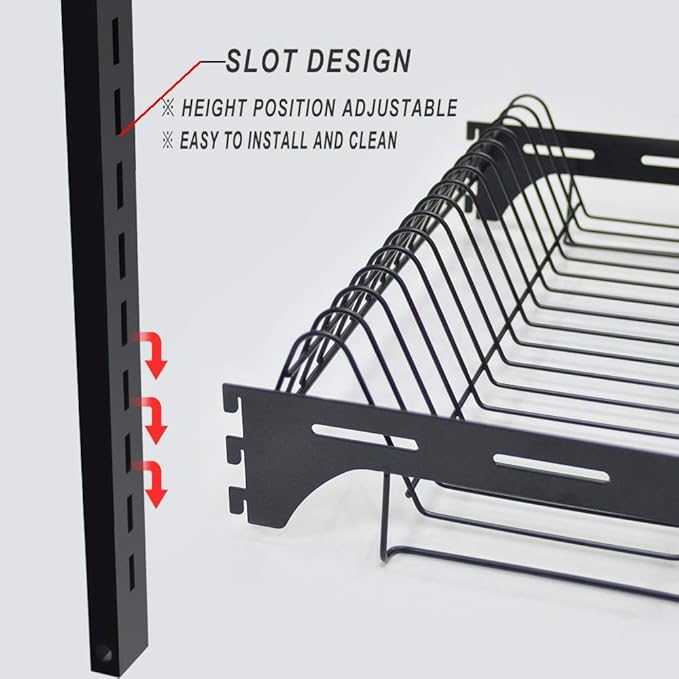 junyuan Hanging Dish Drying Rack Wall Mount,Dish Racks Drainer,3 Tier Kitchen Plate Organizer Storage Shelf with Drain Tray with 3 Hooks,Stainless Steel Black Large Ajustable Height