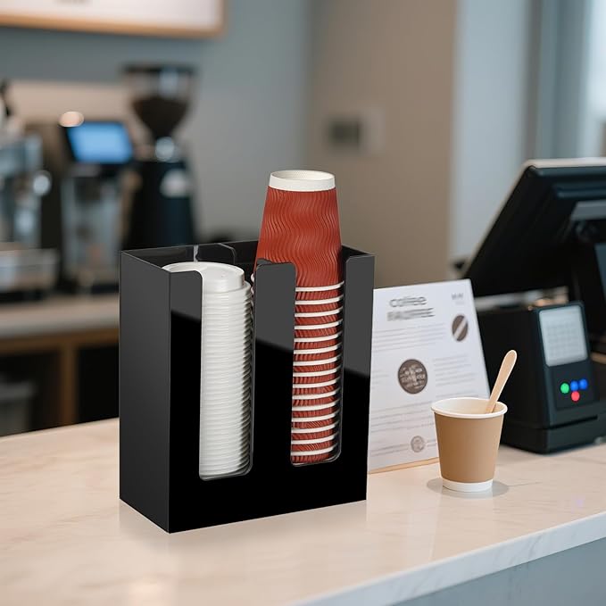MYITYARD Coffee Cup Holder, Cup and Lid Organizer fits 5 to 16 oz Disposable Paper & Plastic Cups, Cup Dispenser Countertop, Coffee Bar Accessories for Bathroom, Kitchen, Office (2 Compartment)